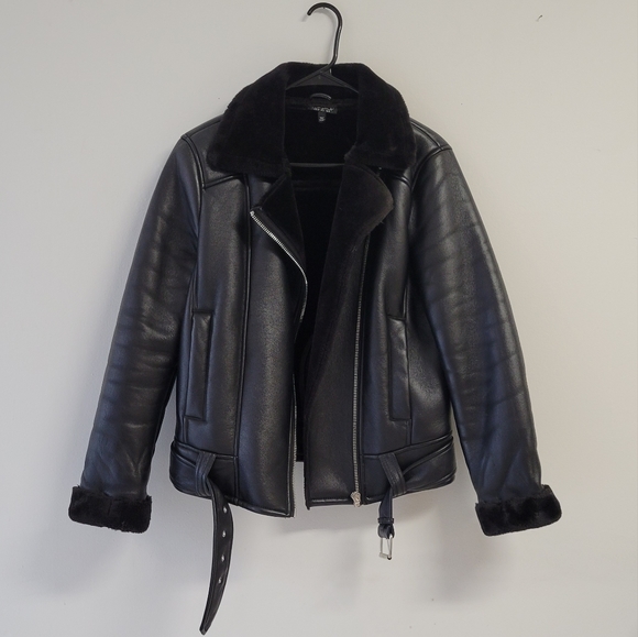 Topshop Jackets & Blazers - Topshop Faux Leather Faux Fur Aviator Biker Jacket Black Belted Buckle Zipper